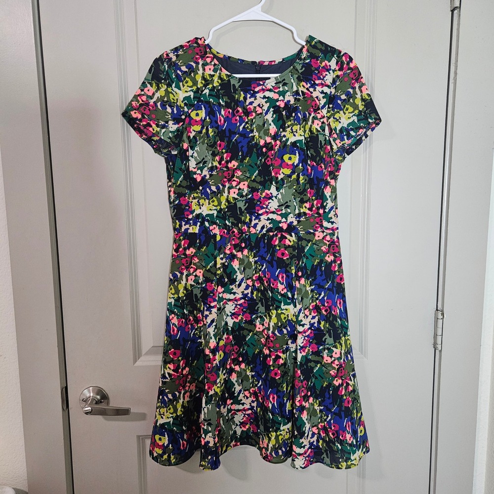 J. Crew Women Abstract Floral Fit & Flare Dress Green Pink Blue Size 4